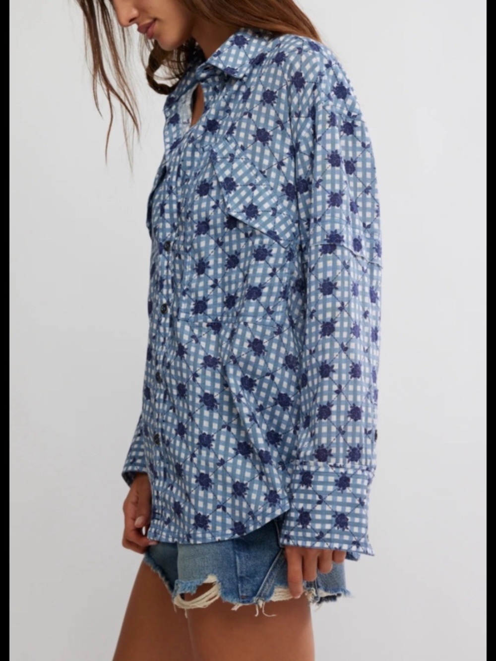 We The Free Navy & White Checked Button-Down with Floral Motif